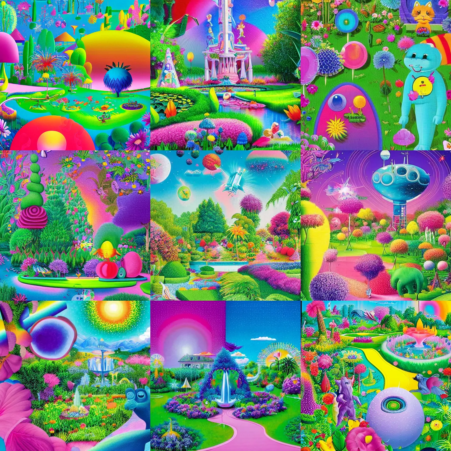 Prompt: bosch and lisa frank and beeple painting of a magnificent garden