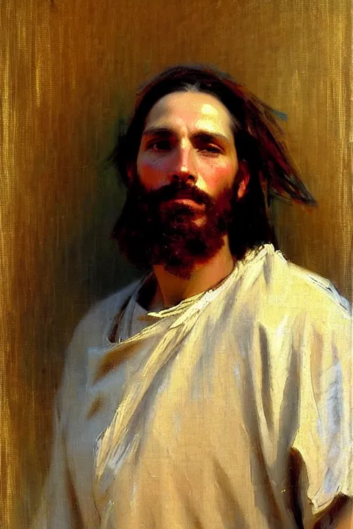 Image similar to impressionist brushstrokes!!!!!!!!! solomon joseph solomon and richard schmid and jeremy lipking victorian loose genre loose painting full length portrait painting of jesus with a slight smile happy inviting