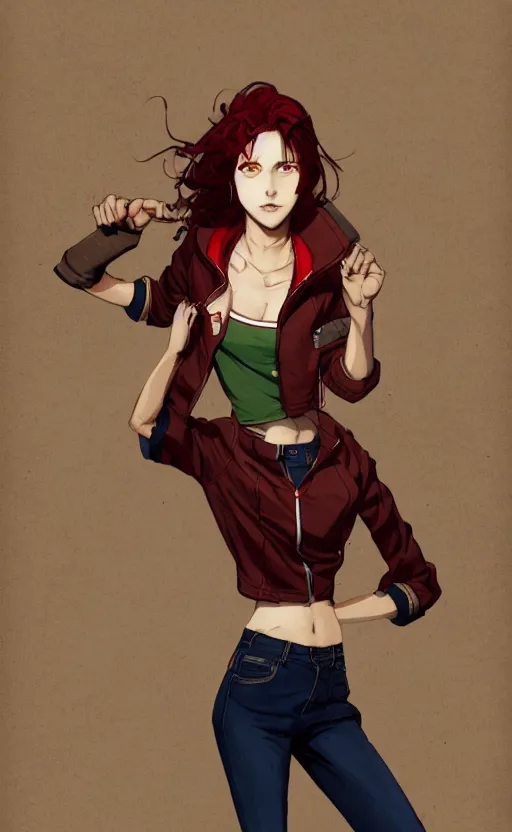 Image similar to full-body shot of an attractive tomboy girl with long, crimson red hair and red eyes, wearing a brown, open jacket and green jeans with a stern look, midriff, concept art, character design, by WLOP, by Tomine, by Kon, Satoshi, by Leyendecker