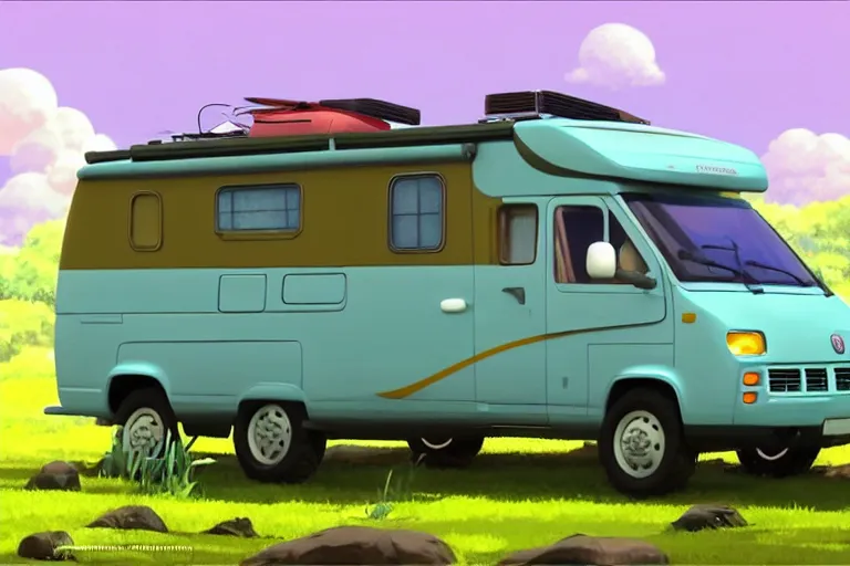 Image similar to a wholesome animation key shot of!! one!! focused! 1 9 9 4 fiat hymer motorhome! in the romanian countryside, medium shot, studio ghibli, ( ( pixar ) ) and disney animation, sharp, very detailed, high resolution, rendered in unreal engine 5, anime key art by greg rutkowski, bloom, dramatic lighting