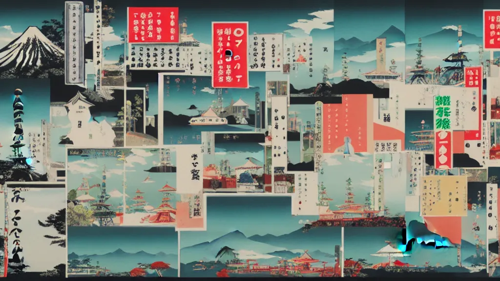 Image similar to travel and tourism, japan, a collage painting, in the style of wes anderson, lola dupre, david hockney, isolated on negative white space background dark monochrome neon spraypaint accents volumetric octane render