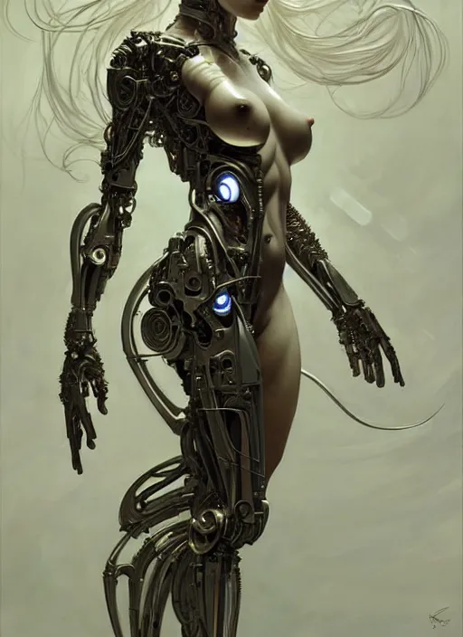 Image similar to organic cyborg, full body, diffuse lighting, fantasy, intricate, elegant, highly detailed, lifelike, photorealistic, digital painting, artstation, illustration, concept art, smooth, sharp focus, art by John Collier and Albert Aublet and Krenz Cushart and Artem Demura and Alphonse Mucha