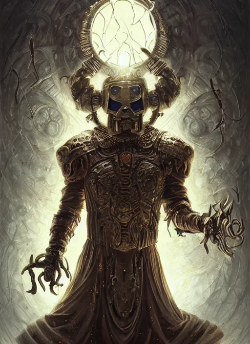 Image similar to evil mf doom with occult glowing, metallic shiny skin, occult armor, intricate, elegant, highly detailed, centered, digital painting, artstation, concept art, smooth, sharp focus, illustration, artgerm, tomasz alen kopera, peter mohrbacher, donato giancola, joseph christian leyendecker, wlop, frank frazetta