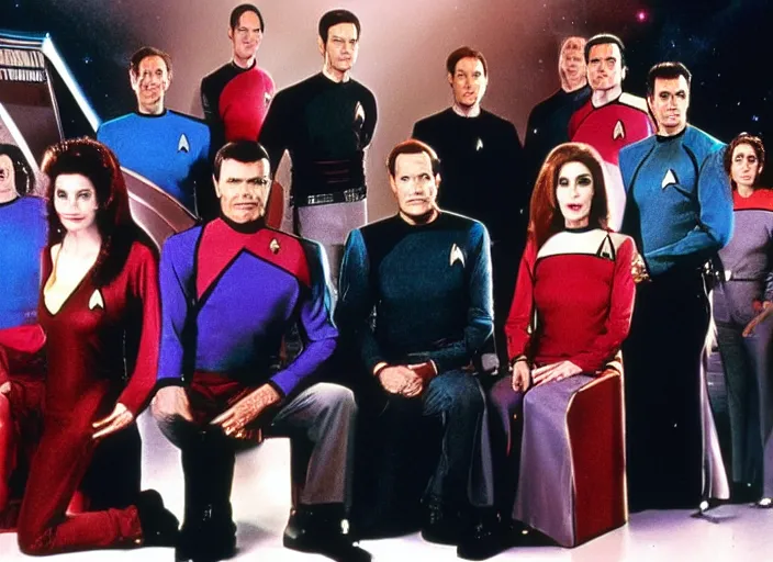 Prompt: a promo photo from a 1 9 9 0 s sci - fi tv programme, star trek tng, deep space 9, babylon 5, quantum leap, vhs distortion