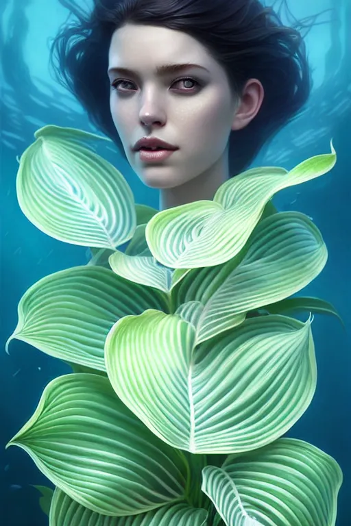 Prompt: tropical hosta lilies!! windy murky underwater garden, wearing a water cloak! with a beautiful symmetrical face!!! cinematic lightning, murky dusty deep, smoky eyes, isolated, studio lighting by artgerm, brom, yuri shwedoff and tom bagshaw