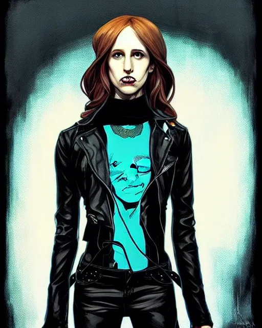 Image similar to rafael albuquerque comic art, peter mohrbacher, steve niles, artgerm, pretty taissa farmiga witch, symmetrical eyes, black leather jacket, jeans, long blonde hair