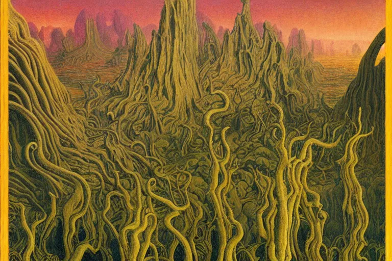 Prompt: lovecraftian landscape, another world by Jean Delville and Roger Dean