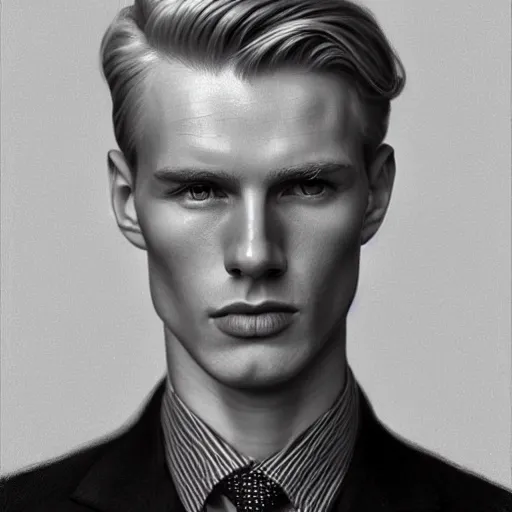 Image similar to A pencil drawing portrait of a blond young Irish man with high cheekbones. Good bone structure. Dressed in 1940s style. Highly detailed, fine Art, high detail, great lighting, 8k resolution, masterpiece, concept art, illustration, clear eyes, painting oil on canvas, octane render, HDR, trending on artstation, 4k, 8k, HD