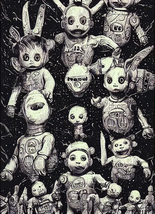 Image similar to teletubbies, grotesque, horror, high details, intricate details, by vincent di fate, artgerm julie bell beeple, 1980s, inking, vintage 80s print, screen print