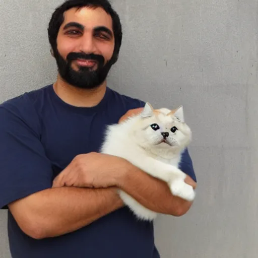 Image similar to a half persian man holding a dog