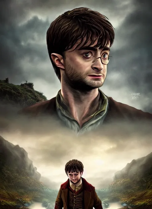 Prompt: A fantasy comic book style portrait painting of Daniel Radcliffe as a hobbit in dark castle setting, unreal 5, DAZ, hyperrealistic, octane render, RPG portrait, dynamic lighting