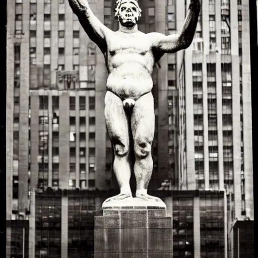 Prompt: Wet plate image of statue of a giant mythic man with black wings, age 34, outside 30 Rockefeller Center, Dark photo, Slightly blurred,