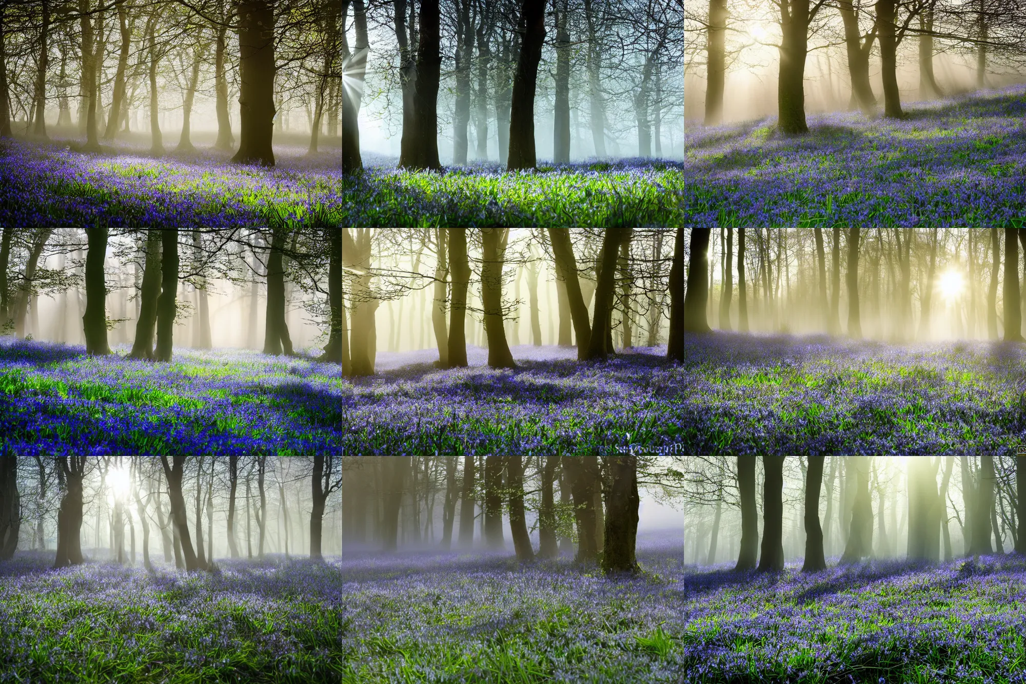 Prompt: beautiful landscape photography of ashdown forest, misty morning in spring, bluebells, dew drops, glistening, sun rays, lpoty, award winning