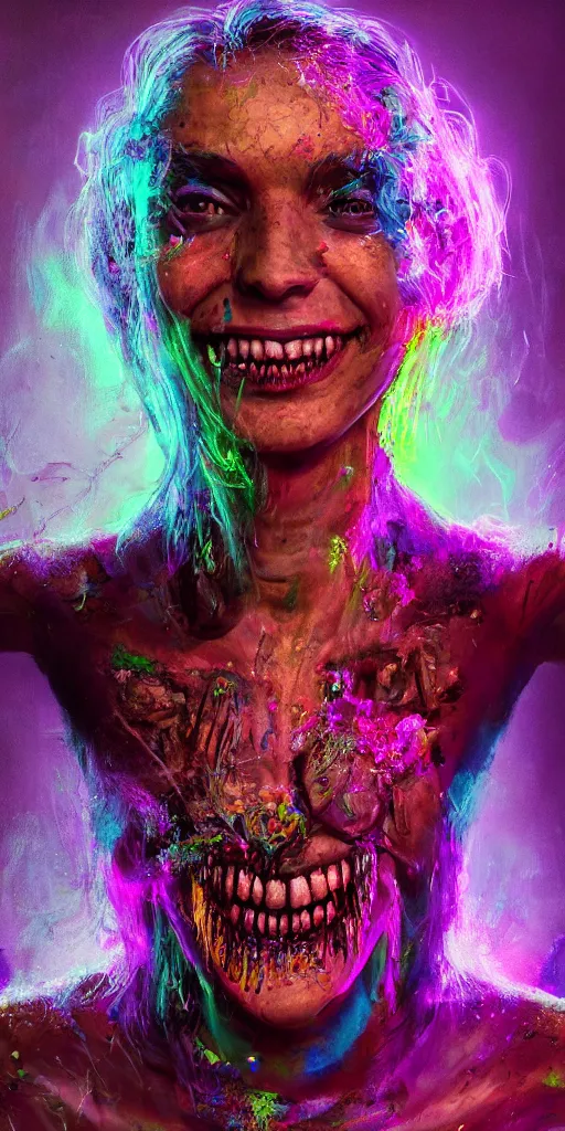 Image similar to impossibly beautiful portrait, dapper dream demon, bad trip, insane smile, intricate complexity, surreal horror, inverted neon rainbow drip paint, trending on art station, photoreal, 8 k, octane render by greg rutkowski