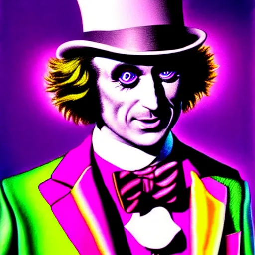 Image similar to An extremely psychedelic illustration of willy wonka in neon psychedelic tuxedo, surreal, LSD, face, detailed, intricate, elegant, lithe, highly detailed, digital painting, artstation, concept art, smooth, sharp focus, illustration, art by Jason Edmiston