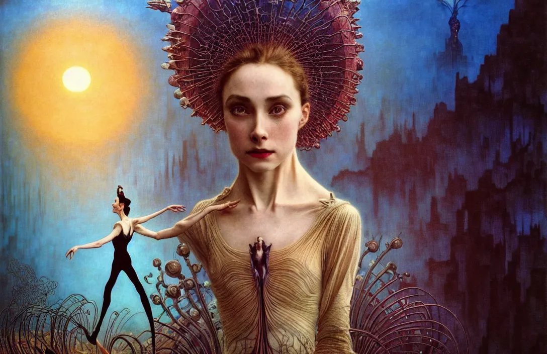 Image similar to realistic detailed portrait movie shot of a prima ballerina wearing a dark robes, sci fi city landscape background by denis villeneuve, amano, yves tanguy, alphonse mucha, ernst haeckel, max ernst, roger dean, masterpiece, rich moody colours, dog teeth, blue eyes, sunset