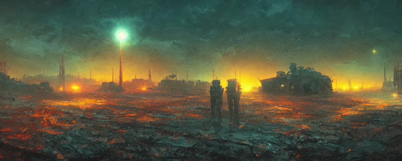 Image similar to ” otherwordly depressing landscape radioactive desolate wasteland at night, [ cinematic, detailed, epic, widescreen, opening, establishing, mattepainting, photorealistic, realistic textures, octane render, art by paul lehr ] ”