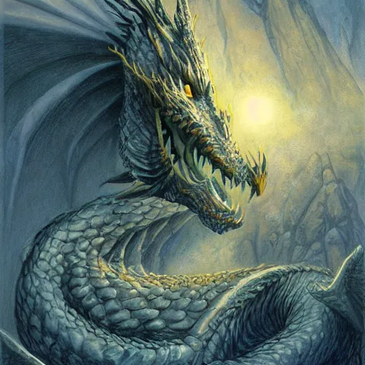 Image similar to a white dragon breathing frost, dungeons and dragons, digital art, by John Howe and Alan Lee and Larry Elmore