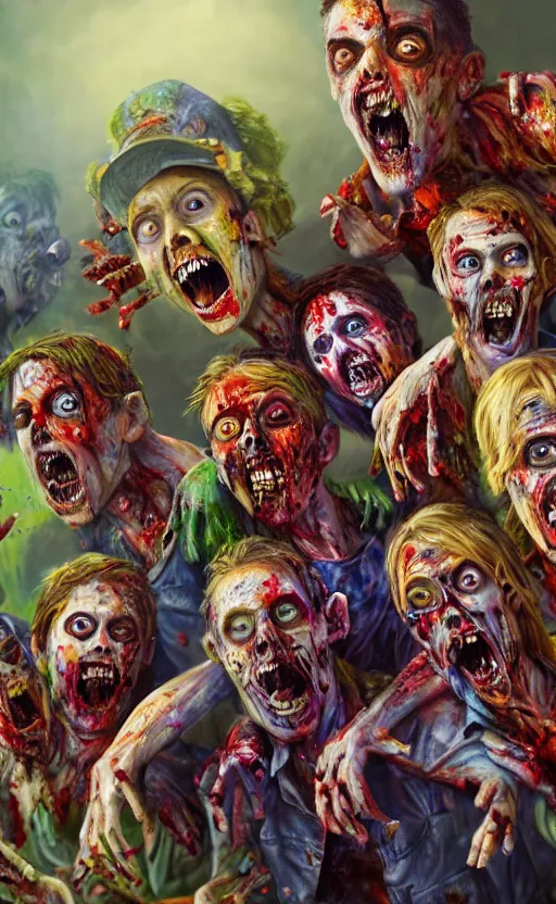 Prompt: beautiful detailed photorealistic painting of a group of friends dressed as zombies. the friends are happy and having fun. vibrant, high quality, vibrant colors, very funny, beautiful, hq. hd. 4 k. award winning. trending on artstation