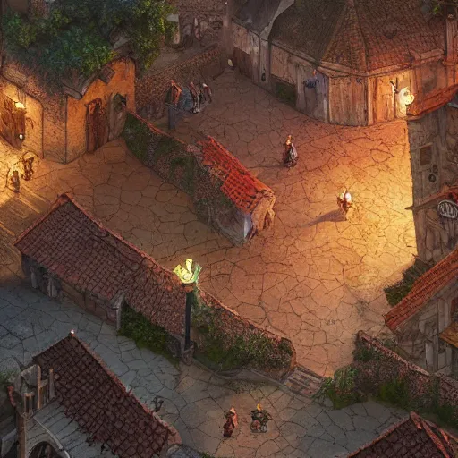 Prompt: a topdown battlemap from 9 0 degrees angle of a medieval town alley, special areas marked with transparent red colour, dnd encounter, dawn, dark fantasy, extremely detailed, no people, photorealistic, octane render, 8 k, unreal engine 5. art by artgerm and greg rutkowski and alphonse mucha