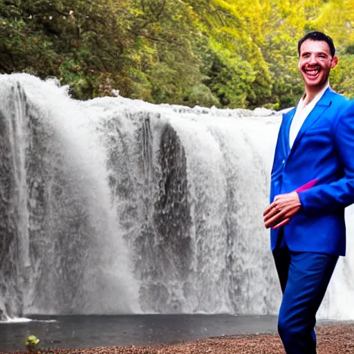 Image similar to portrait of a man wearing a suit smiling with big white teeth, waterfall background, intense blue sky, trees, magenta colors”