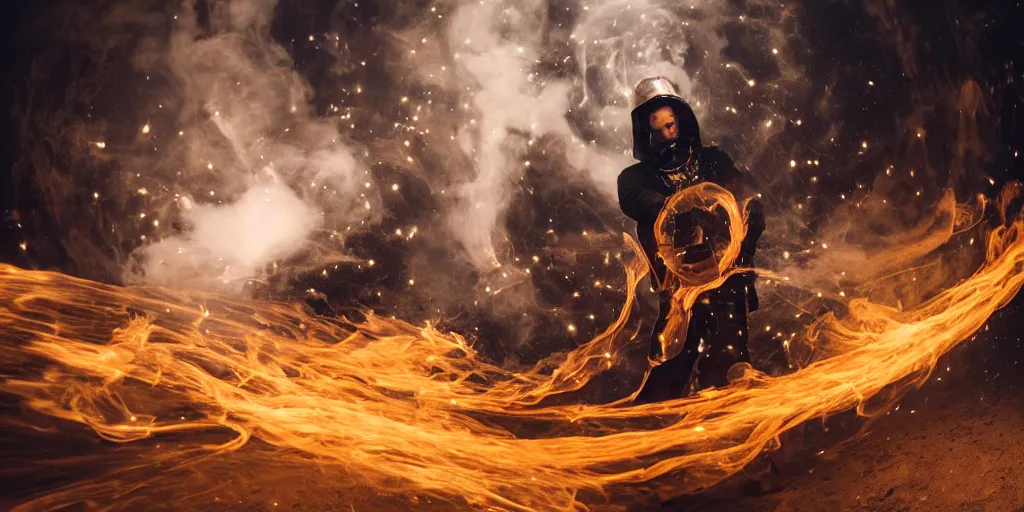 Image similar to music video fisheye slow motion with trail fire and smoke effect of futuristic break dancer wearing long dark cloak and golden helmet emitting fire and crystals, long exposure shot , enigmatic, at night on the moon, paddle of water, steam, fog, water splashes, rim lights, glossy reflections, water droplets on lens, octane render, Volumetric dynamic lighting, stunning cover magazine, high details, hajime sorayama