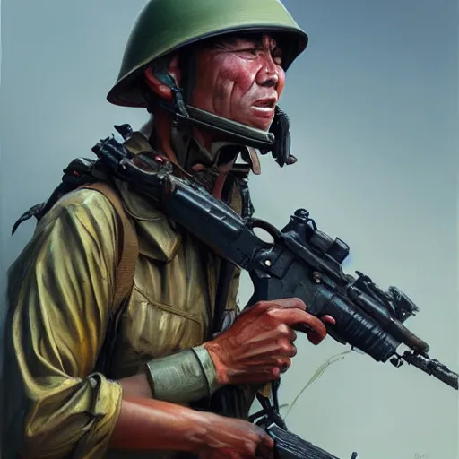 Image similar to a painting of a character fighting in the vietnam war by Mark Arian, high detail, hyperrealistic, concept art, artstation, 8k