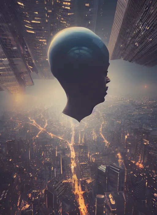 Prompt: megalophobia realistic photo of a hyper - dimensional head floating above a city, stylistic painting, dramatic lighting, dynamic composition, octane render, 4 k, 8 k