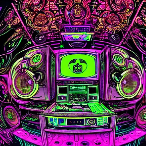 Image similar to intricate detailed artwork of a futuristic hardstyle music dj at an festival indoor rave, stage, in the style of Geof Darrow, VR headset, wires, speakers, neon