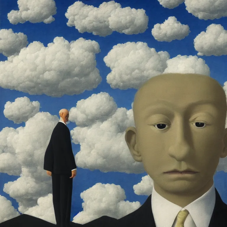 Image similar to portrait of a faceless beautiful flower - head man in a suit, clouds in the background, by rene magritte, detailed painting, distance, middle centered, hd, hq, high resolution, high detail, 4 k, 8 k