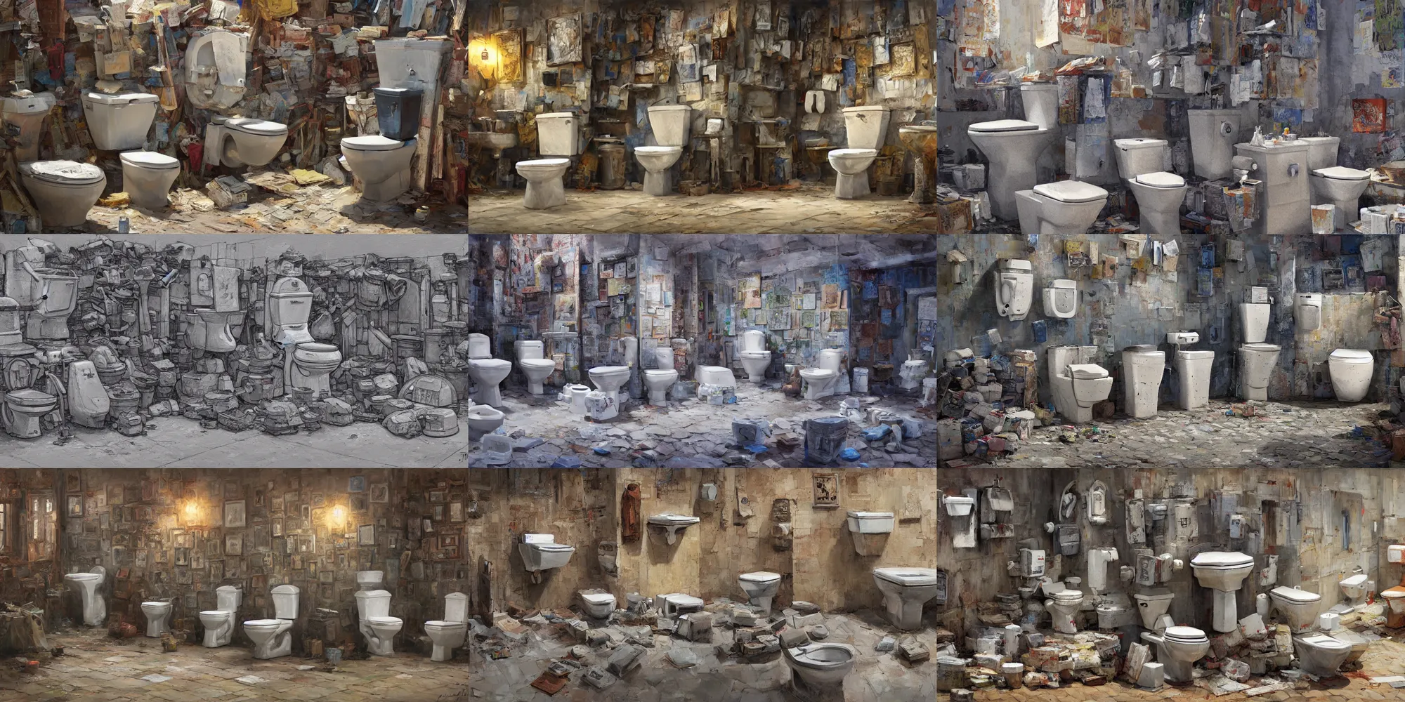 Prompt: a pile of toilets, art by tarmo juhola, ivan laliashvili, james gurney, highly detailed, 4 k