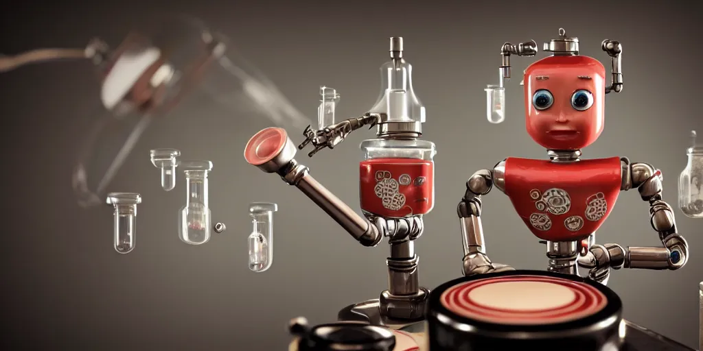 Prompt: closeup portrait of tin toy retro robot chef cooking pastry with vials in a chemical scientific lab, depth of field, zeiss lens, detailed, centered, fashion photoshoot, by nicoletta ceccoli, mark ryden, lostfish, breathtaking, 8 k resolution, extremely detailed, beautiful, establishing shot, artistic, hyperrealistic, octane render