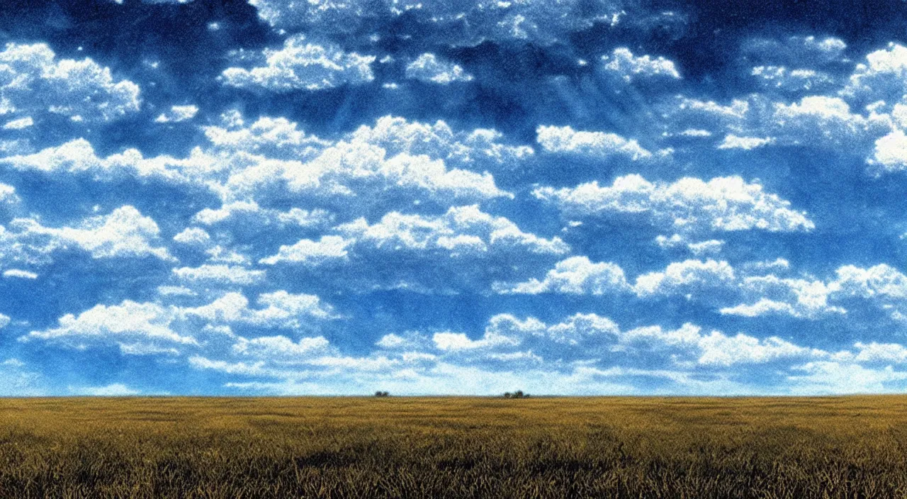 Image similar to film still of kansas landscape and sky, intricate, beautiful, serene, majestic, detailed, ultra, mega, super, visable sounds waves