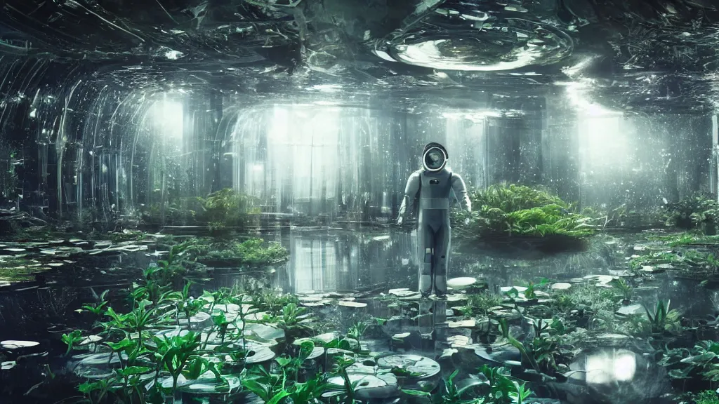 Image similar to Futuristic astronaut in an empty dark flooded ballroom overgrown with aquatic plants, film still from the movie directed by Denis Villeneuve with art direction by Salvador Dalí, wide lens