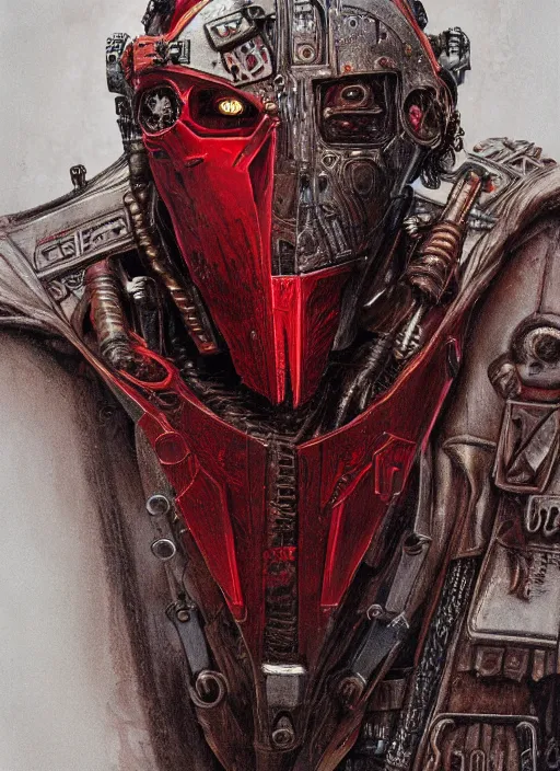 Image similar to portrait of rotten Nicolas Cage as adeptus mechanicus in red hood and robe from Warhammer 40000. Highly detailed, artstation, illustration by and John Blanche and zdislav beksinski and wayne barlowe