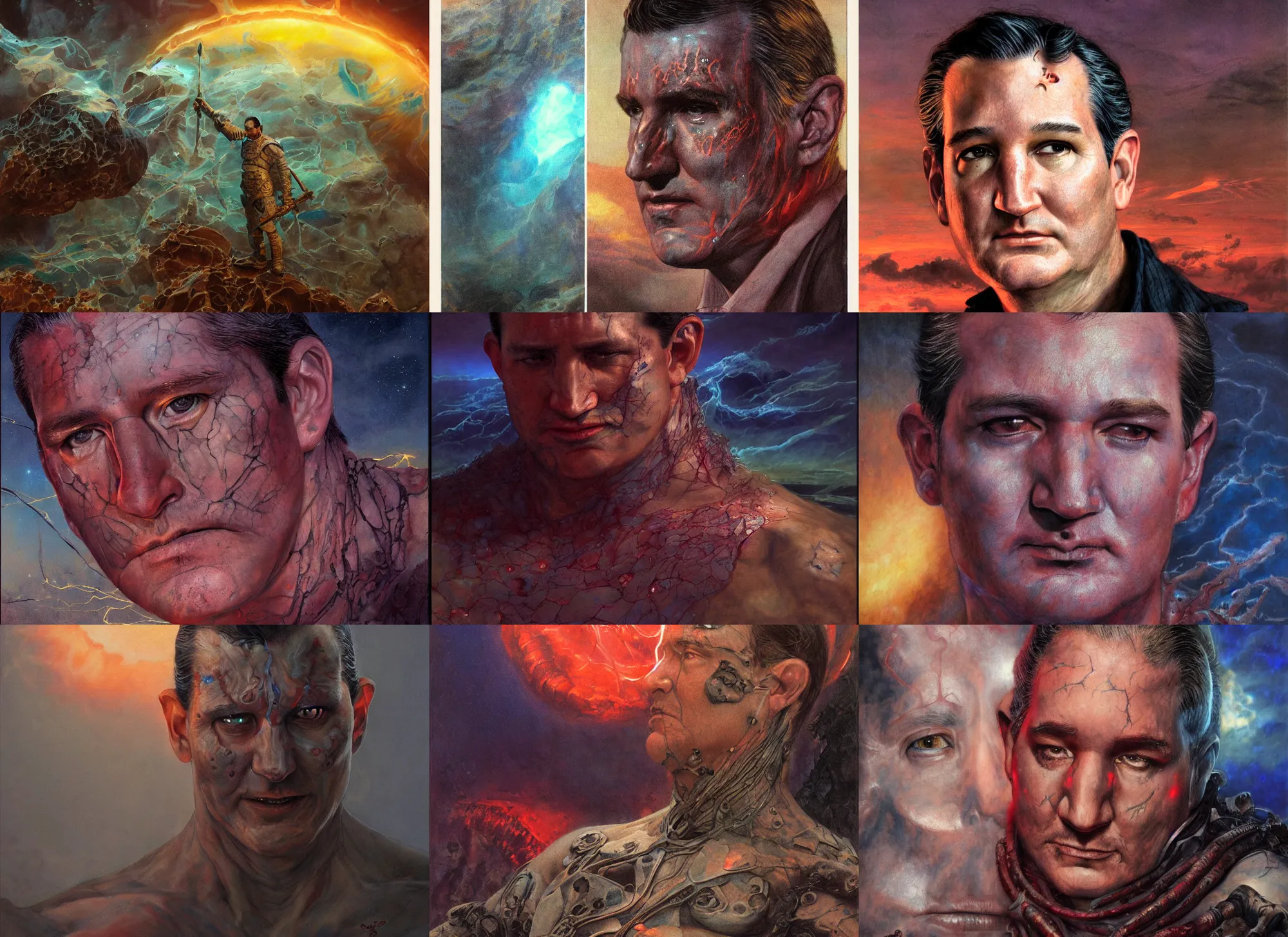 Prompt: ted cruz, warrior, glowing veins subsurface scattering, deep sea, sunset, portrait by gerald brom, by mikhail vrubel, by peter elson, muted colors, extreme detail, trending on artstation, 8 k