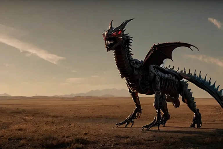 Image similar to cinematic still of westworld, a intact si - fi robotic fantasy dragon, well armored mech dragon, highly detailed