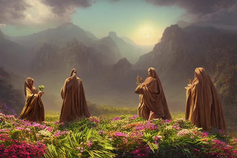 Prompt: highly detailed three robed figures around an altar with flowers and plants, on a lush mountainrange overlooking the vast and beautiful sunset, swirling magic dust, hyper ultra realistic, octane render, eerie, dark, cinematic, style by greg rutkowski, rule of thirds, golden ratio, ambient lighting, wlop, artgerm, masterpiece, dark fantasy art