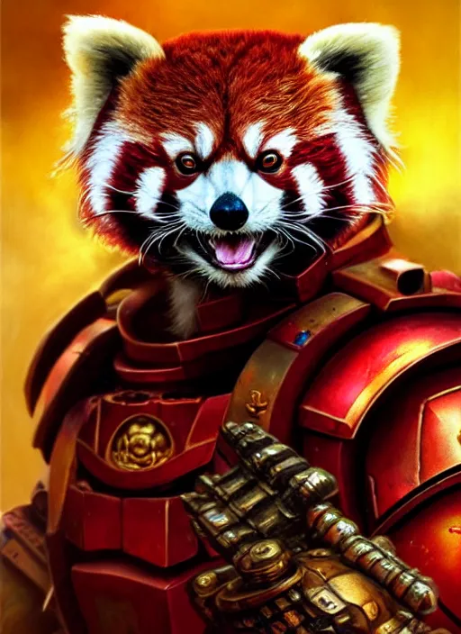 Prompt: red panda as warhammer 4 0 k!! emperor, gold, ruby gems, portrait, intricate, elegant, highly detailed, digital painting, artstation, concept art, wallpaper, smooth, sharp focus, illustration, art by h. r. giger and artgerm and greg rutkowski and alphonse mucha