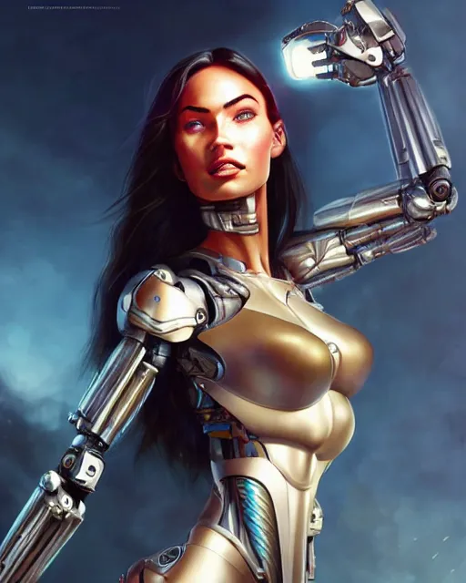 Image similar to weta disney pixar movie still portrait photo of megan fox as cyborg woman by pixar, by weta, wlop, ilya kuvshinov, rossdraws, artgerm, maxim cover, latex, sweaty, iridescent, bright morning, anime, liosh, mucha