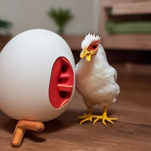 Prompt: an egg watching chicken tv shows