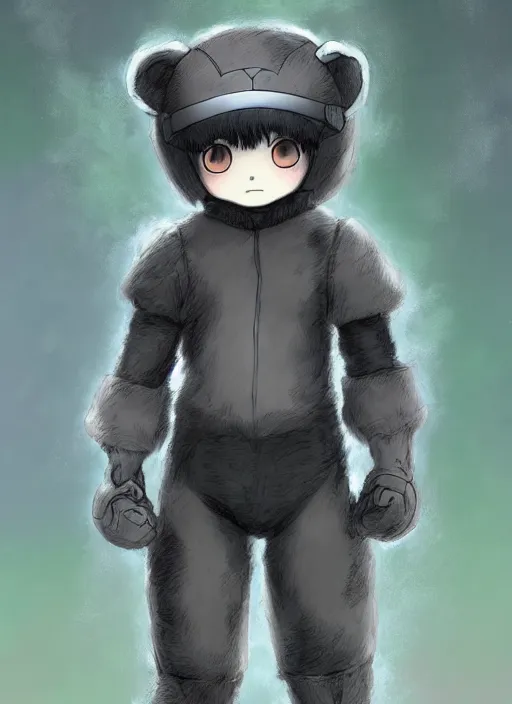 Image similar to beautiful little boy wearing an cyborg bear suit, artwork in kentaro miura and made in abyss and rosdraws, smooth, beautiful lightness, anatomically correct, trending on pixiv, forest