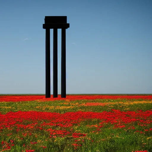 Prompt: A very tall black column stands in the middle of an infinite plain covered with colorful flowers