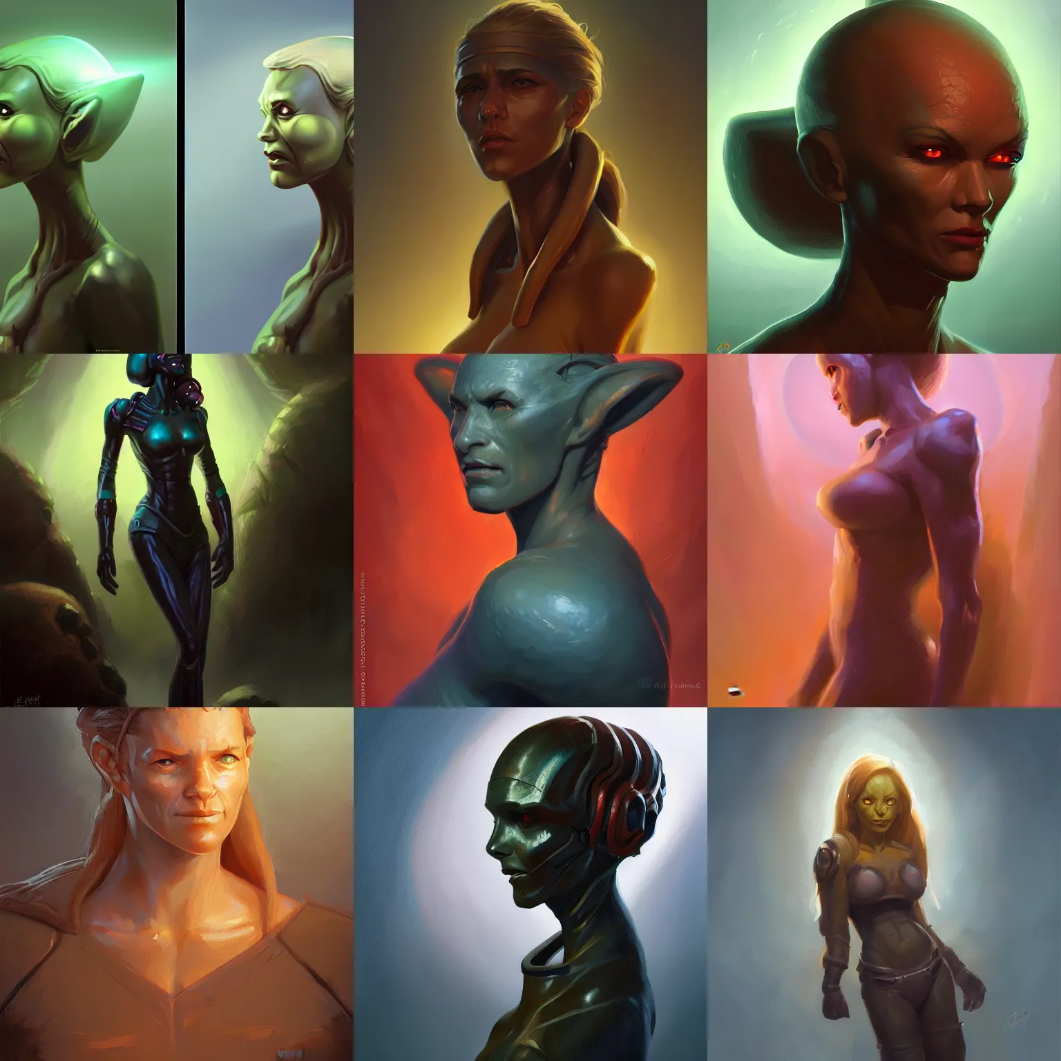 Prompt: portrait of extraterrestrial female lifeform, three quarter view, dramatic lighting, painted by andreas rocha