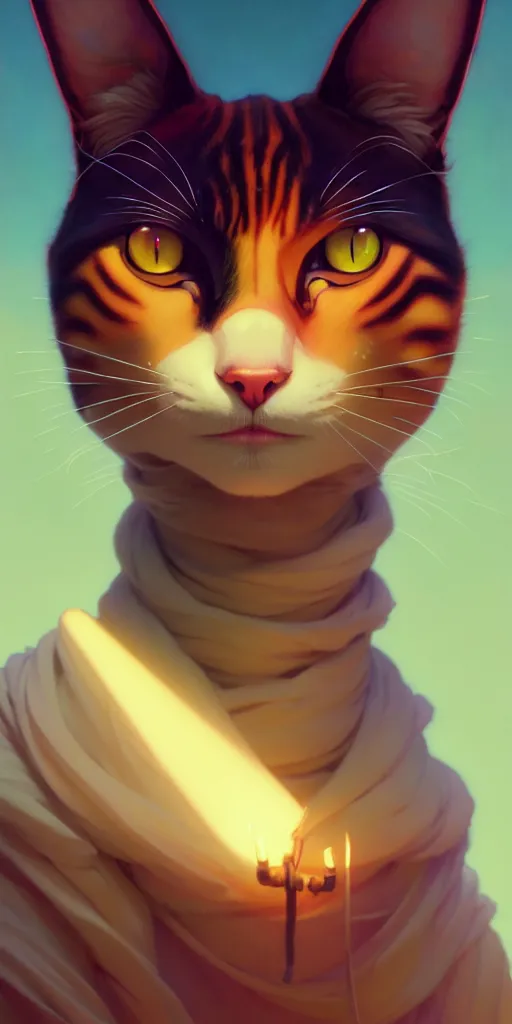 Image similar to portrait of humanoid cat, highly detailed vfx portrait, unreal engine, greg rutkowski, loish, rhads, beeple, makoto shinkai and lois van baarle, ilya kuvshinov, rossdraws, tom bagshaw, alphonse mucha, global illumination, detailed and intricate environment