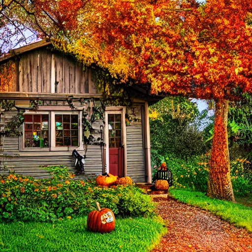 Image similar to Charming Halloween Cottage with Autumn Leaves Flowers and vines growing up the side at dusk magical lighting lightning bugs HDR