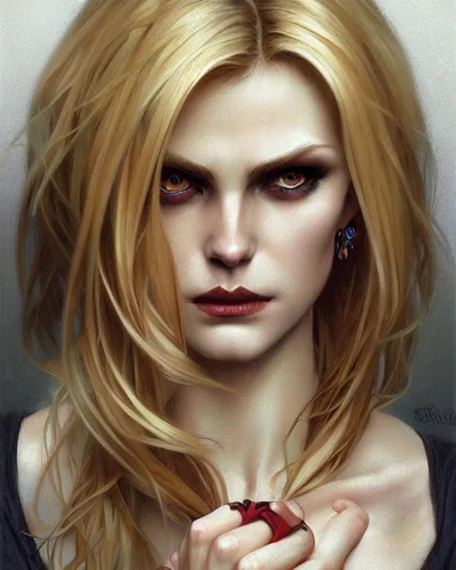 Image similar to portrait of a blonde vampire, dark, piercing eyes, gentle expression, elegant clothing, photorealistic, highly detailed, artstation, smooth, sharp focus, art by michael whelan, artgerm, greg rutkowski and alphonse mucha