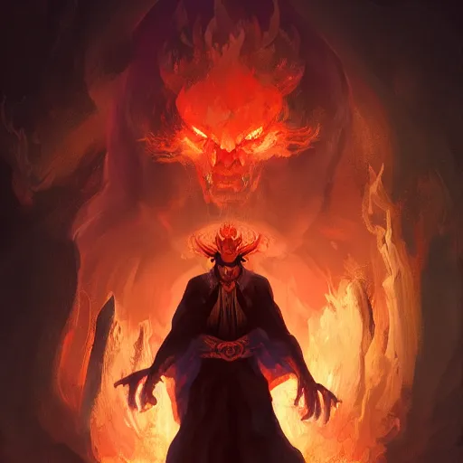 Prompt: A digital painting of a fire genassi man, fire demon, sorcerer in dark robes, centered composition, by Stanley Artgerm Lau, frank frazetta, Rossdraws, James Jean, gerald brom, Andrei Riabovitchev, Marc Simonetti, trending on artstation