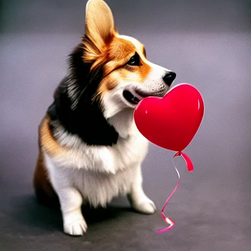 Image similar to a corgi with a heart shaped balloon, high quality, sharp focus, photo by annie leibovitz