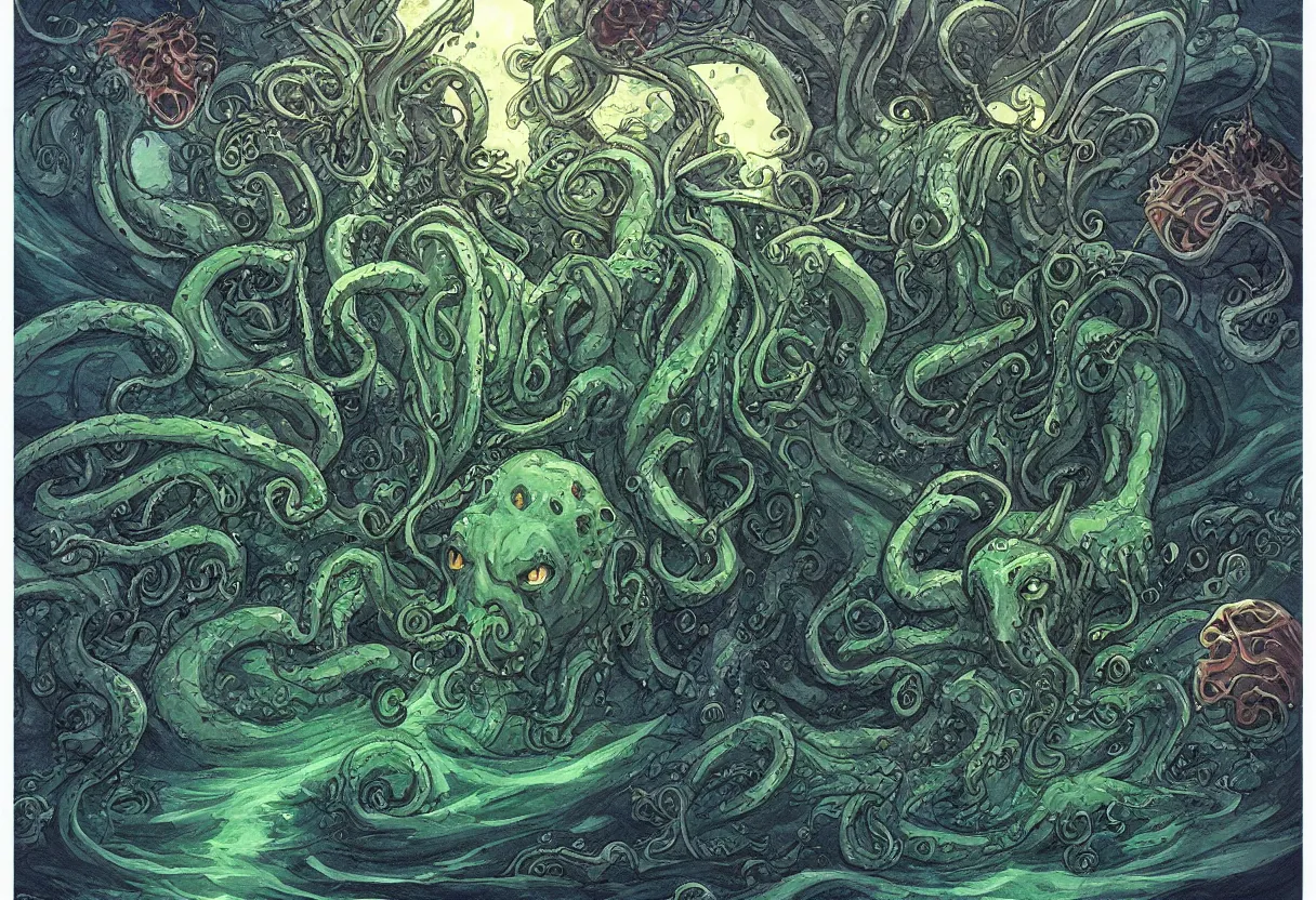 Prompt: cthulhu by Ghibli. UHD, amazing depth, cinematic lighting, epic scale, glowing rich colors, powerful imagery, concept art